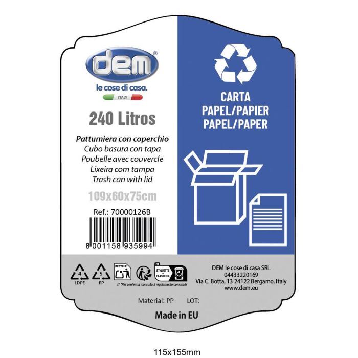 Inde Cubo Basura Con Tapa 240 Lt. Negro/Azul 60 cm Ancho x 105 cm Alto x 78 cm Largo 2