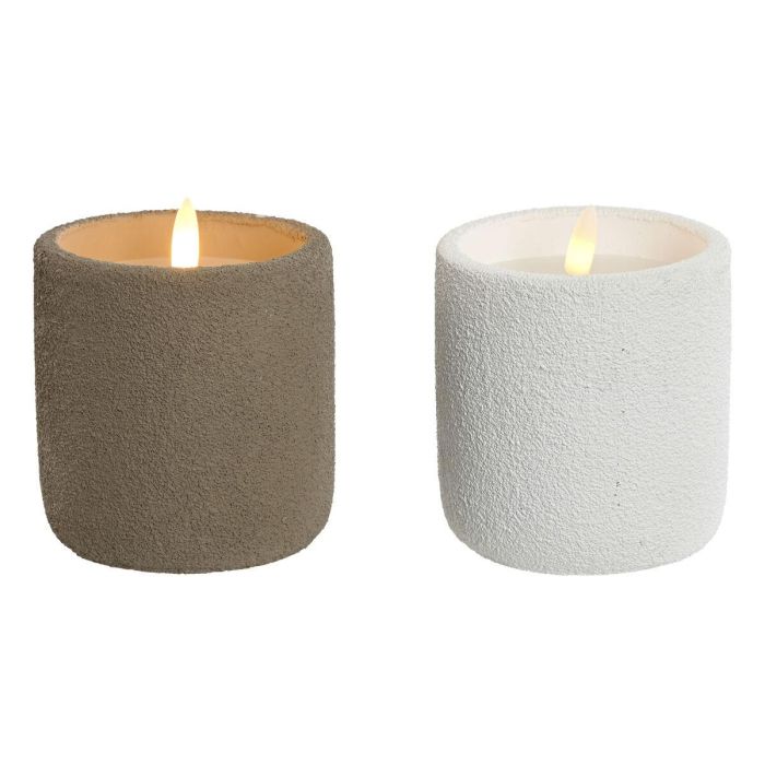 DKD Home Decor Vela LED Urban de Cera y Cemento, Colores Blanco y Marrón, Alto 11.5 cm, Diámetro 9 cm - Pack 2 Unidades