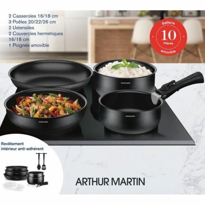 Arthur Martin ART3508510045735 Batería de Cocina 10 Piezas Aluminio, Compatible con Todo Excepto Inducción, Negro 1