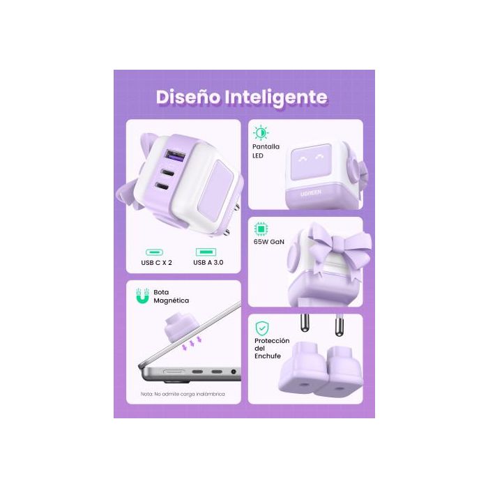 UGREEN 35291 Cargador Nexode RG 65W GaN 3 Puertos USB C/A Carga Rápida, Pantalla LED, Rosa 10