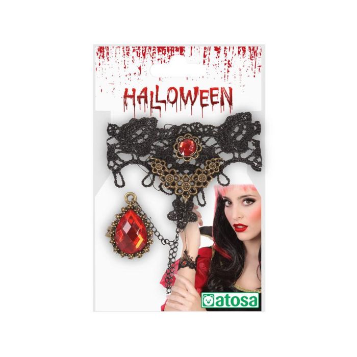 Pulsera Halloween Mujer Adulto con Anillo Unido por Cadena, Encaje y Gema Roja - Elegante y Oscura para Disfraces 1