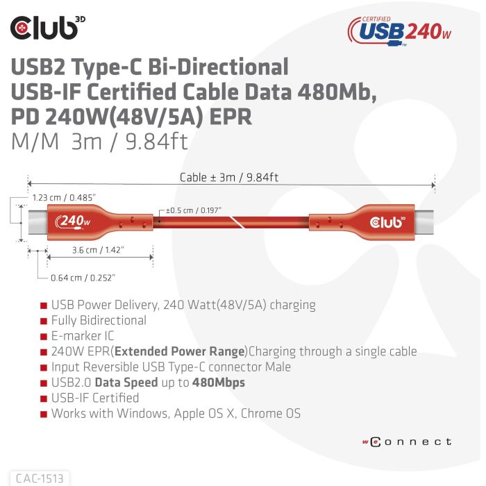 Club3D Kabel USB 2 Typ C PD 240W / 480Mb 3m St/St 11