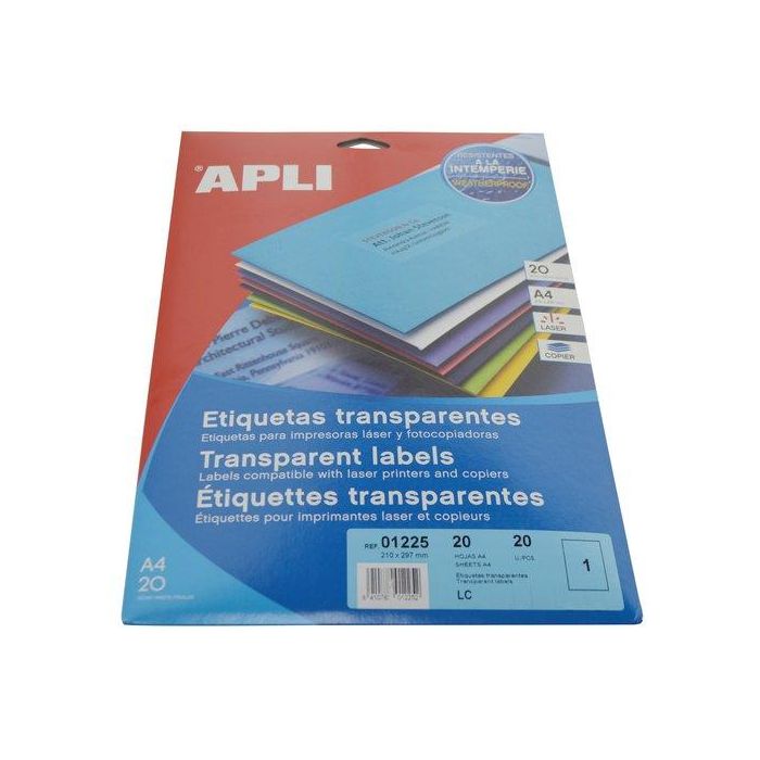 Apli Etiquetas Adhesivas Láser 210x297 mm Poliéster Transparente, 20 Hojas, Resistente a Intemperie
