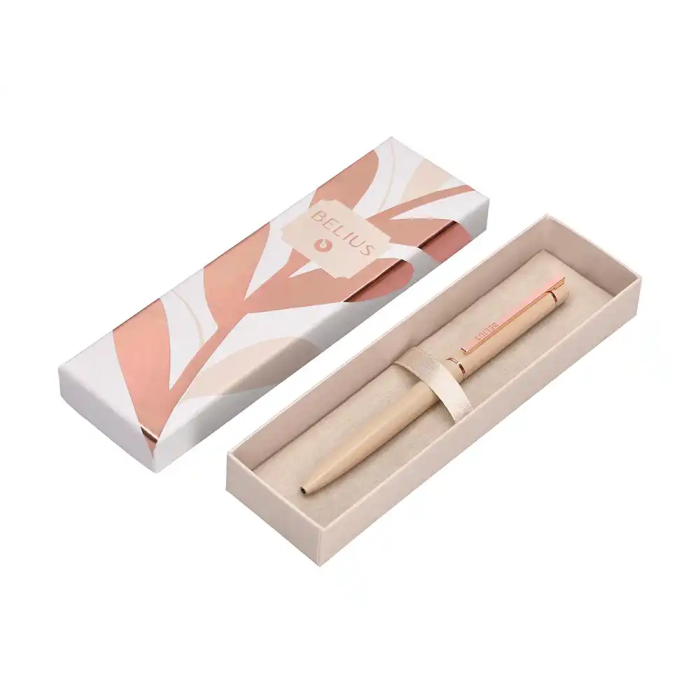 Belius Boligrafo Rose Aluminio Beige Claro Oro Rosa Tinta Azul Caja Diseño Elegante 3