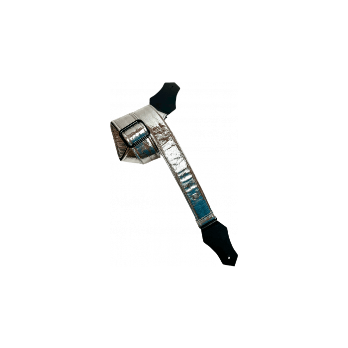 GETM Correa Guitarra Bajo Distressed Vernice Silver Polipiel Nylon Piel Plateado Ajustable