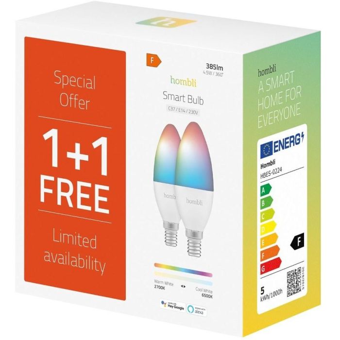 Hombli smarte Glühbirne. 4.5W. E14. RGB. CCT. 1+1 Promo Pack 1 Hombli smarte Glühbirne. 4.5W. E14. RGB. CCT. 1+1 Promo Pack 1