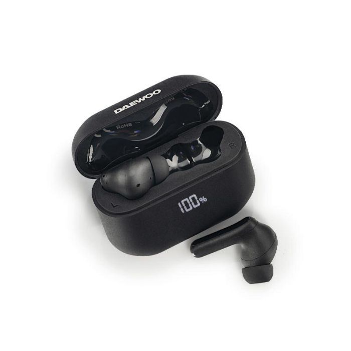 Daewoo Auriculares TWS Inalámbricos Bluetooth 5.4 Negro, Cancelación Activa de Ruido (ANC) y ENC, Pantalla Nivel de Carga, 35mAh auricular, 450mAh estuche