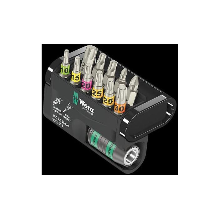 Wera 05057435001 Bit-Check 12 Wood Juego de puntas Torx HF y Pozidriv 1/4" con 11 piezas y estuche 1