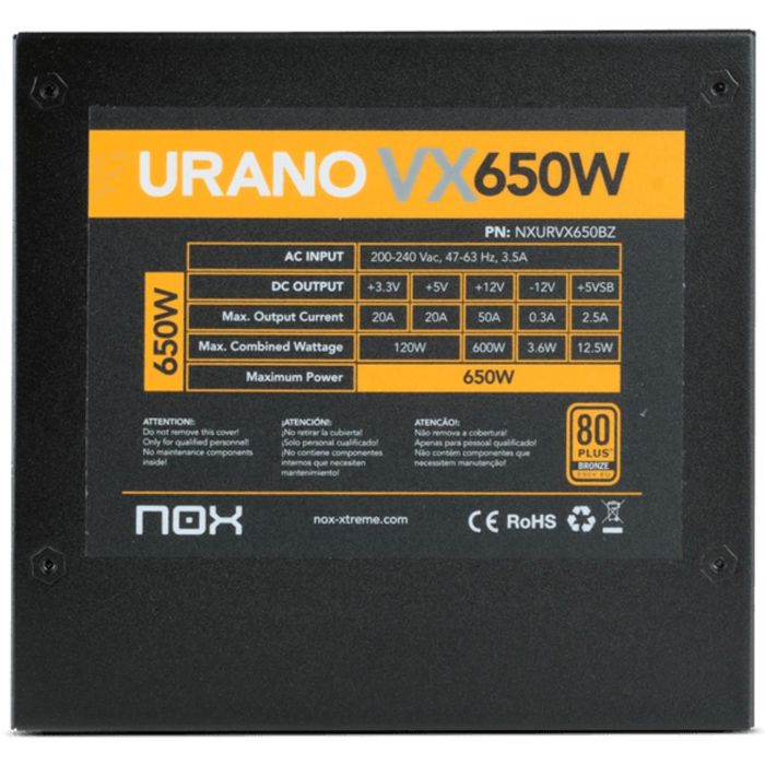 NOX Urano VX 650W Fuente Alimentación PC 80 PLUS Bronze ATX, Ventilador 120mm PWM, Cables Planos, Negro/Naranja 2 NOX Urano VX 650W Fuente Alimentación PC 80 PLUS Bronze ATX, Ventilador 120mm PWM, Cables Planos, Negro/Naranja 2