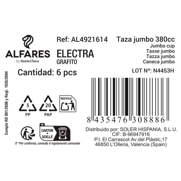 Inde Taza Jumbo Electra Grafito, Taza Grande 400 cc, 11,5 cm Ancho x 7,8 cm Alto x 14,5 cm Largo (36 Unidades)