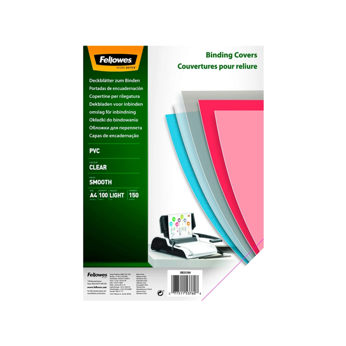 Fellowes Tapa de Encuadernacion Din A4 PVC 150 Micras Transparente Pack 100 Unidades 1 Fellowes Tapa de Encuadernacion Din A4 PVC 150 Micras Transparente Pack 100 Unidades 1