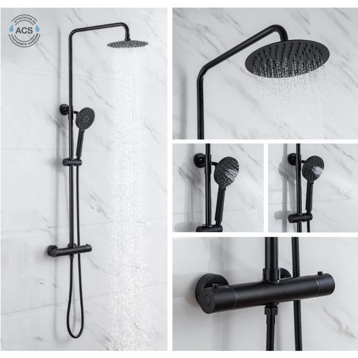 OCEANIC Columna de ducha - Mezclador termostático - Cabezal redondo alto diámetro 20 cm - Negro mate 3 OCEANIC Columna de ducha - Mezclador termostático - Cabezal redondo alto diámetro 20 cm - Negro mate 3
