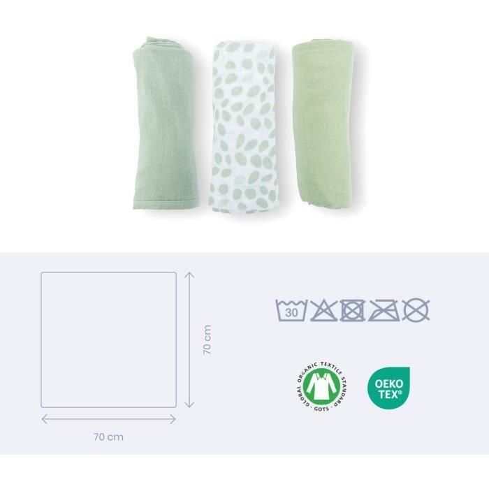 Pack de 3 arrullos - DOOMOO - Gasa de algodón orgánico - Certificado Oeko-Tex - Verde 3