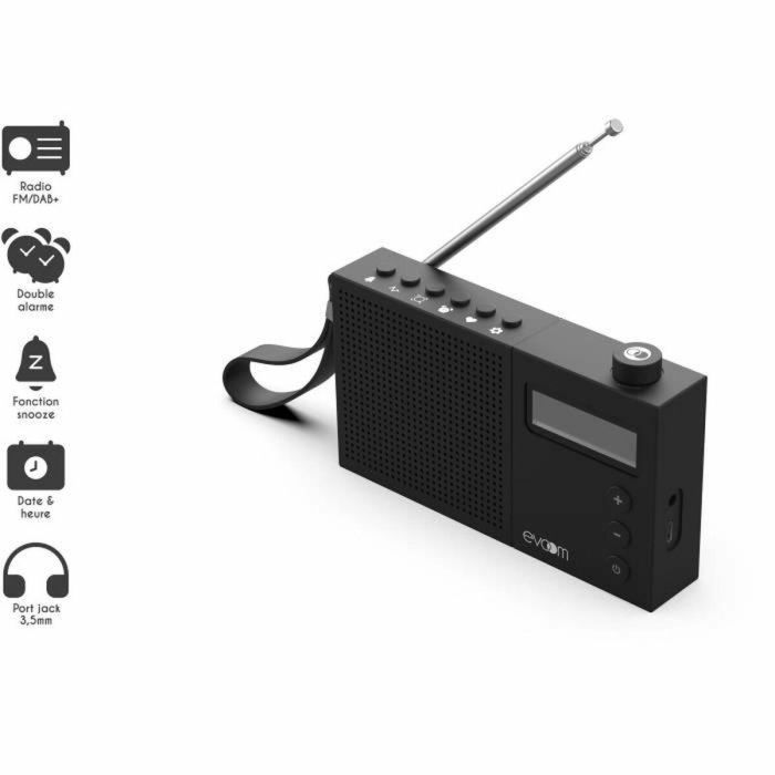 EVOOM EGY Radio despertador negro - Radio FM y DAB+ - Baterías/USB - 2 alarmas 2