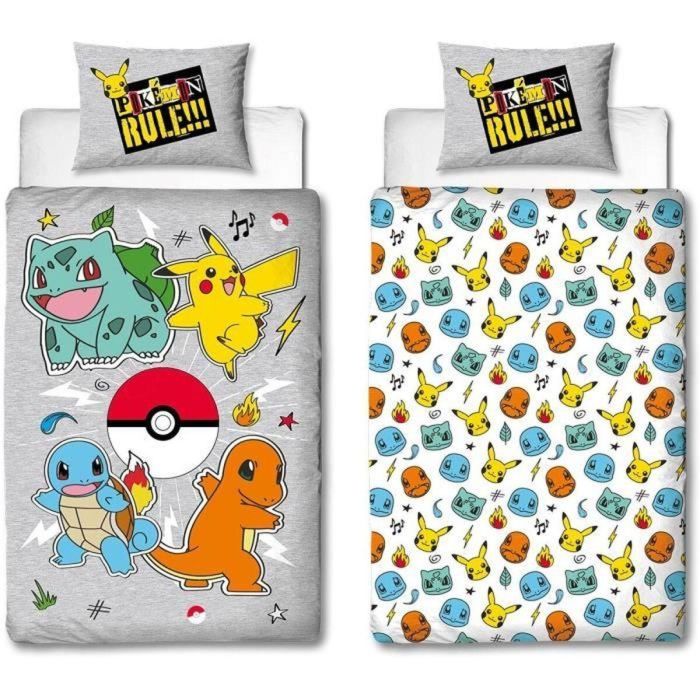 Pokemon AAARQ16152 - Juego de cama reversible Pikachu y Starter Gris - Funda nórdica 140x200cm + Funda almohada 63x63cm