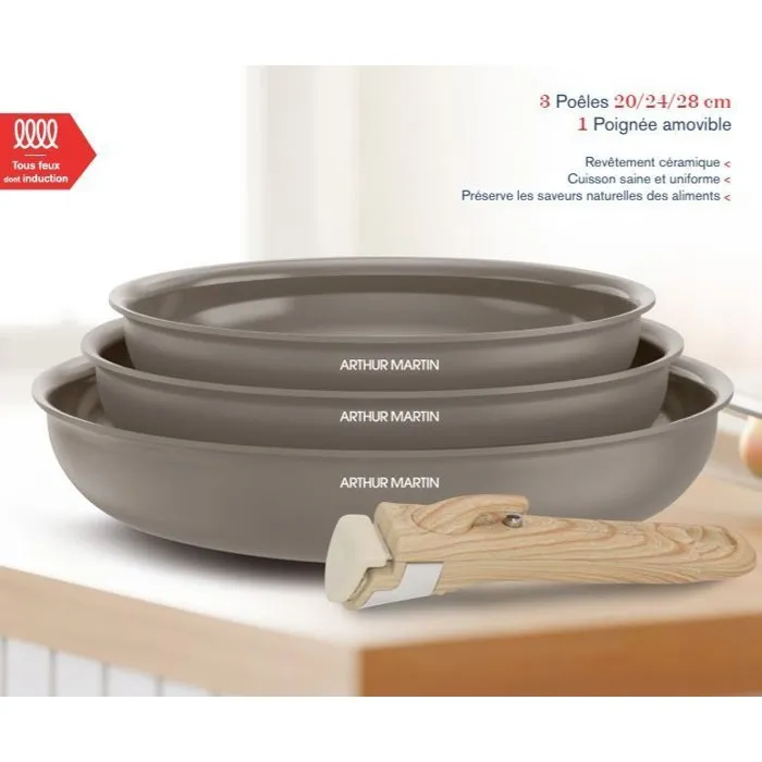Arthur Martin AM4587 Juego de 3 sartenes de cerámica, Ø 20-24-28 cm, aptas para inducción, con mango extraíble, color topo 1