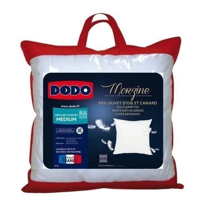 Dodo MORZINE Almohada de plumas de ganso y plumón 65x65cm Anti-Acaros Fabricación Francesa