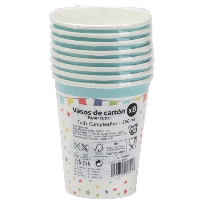 Juego De 8 Vasos Cartón 250 Ml Party Time 0 Juego De 8 Vasos Cartón 250 Ml Party Time 0