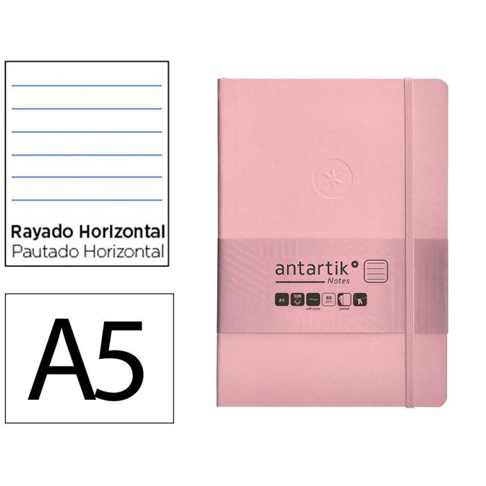 Cuaderno Con Gomilla Antartik Notes Tapa Blanda A5 Hojas Rayas Rosa Pastel 80 Hojas 80 gr Fsc