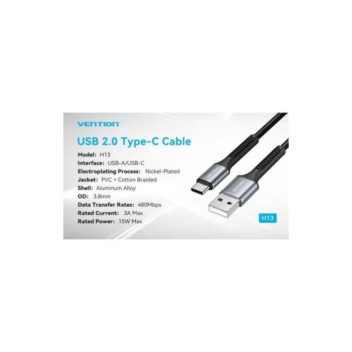 Cable USB Tipo-C Vention H13BF/ USB Macho - USB Tipo-C Macho/ 15W/ 480Mbps/ 1m/ Negro 2