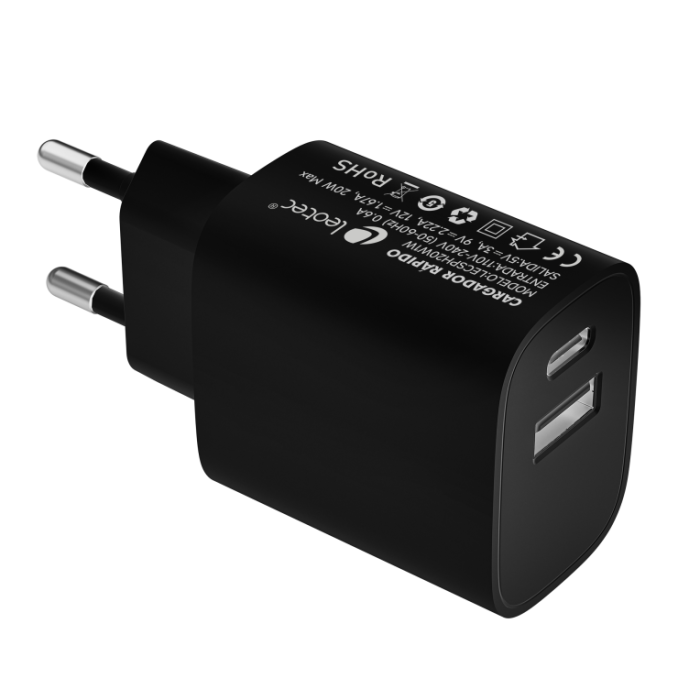 Leotec Cargador 20W 1xUSB-C PD + 1x USB-A Negro, Carga Rápida Power Delivery