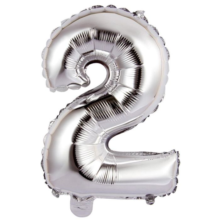 Party Time Globo de Cifra 2 Plata 35 cm Reutilizable para Aniversarios y Cumpleaños, Hinchable con Aire o Helio