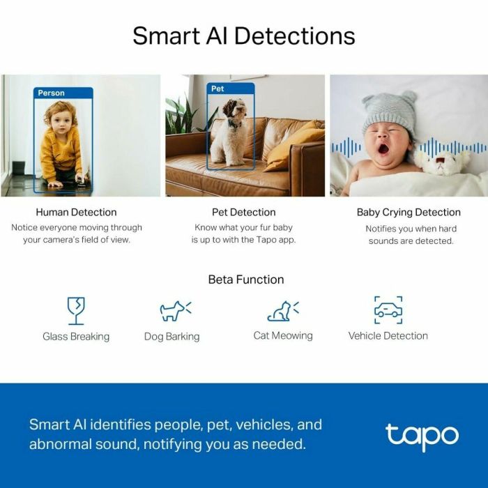 Tp - link Tapo TC72 Cámara Seguridad WiFi 360° 2K, Visión Nocturna, Detección IA, Alarma Luz/Sonido, Control Voz 10
