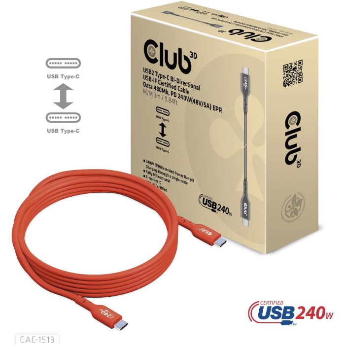 Club3D Kabel USB 2 Typ C PD 240W / 480Mb 3m St/St 9