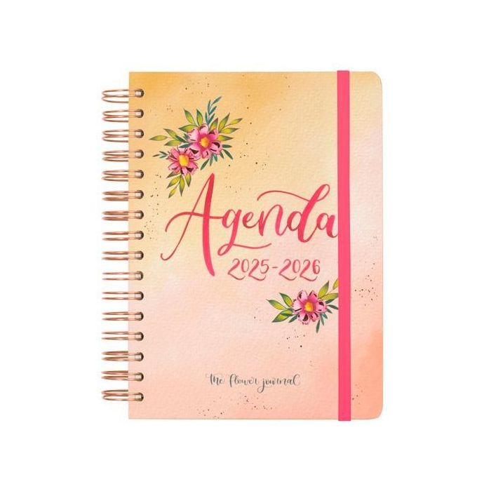 Finocam Agenda The Flower Journal 2025-2026, Tapa Dura Rosa, Espiral Doble, 155x212 mm, Minimalista, con Marcapáginas y Adhesivos