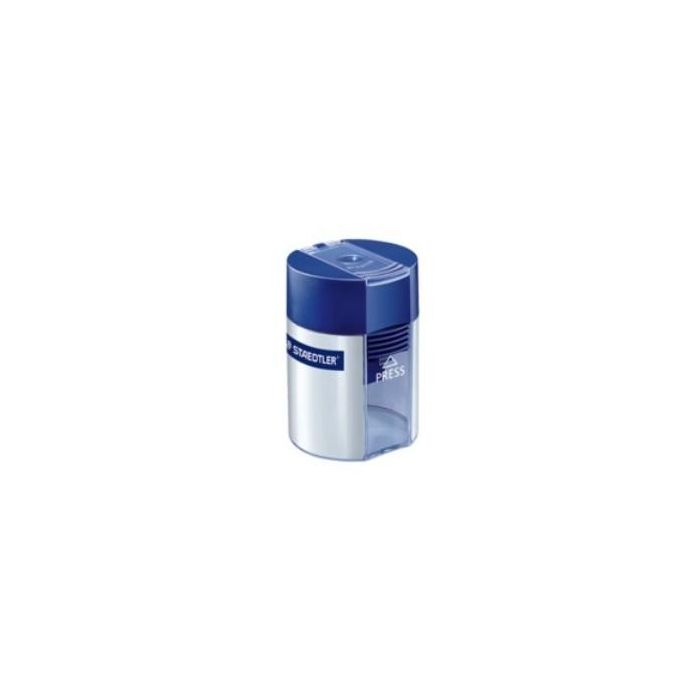 STAEDTLER 511 001 Sacapuntas manual redondo con depósito, azul/plata, para lápices de hasta 8.2 mm de diámetro