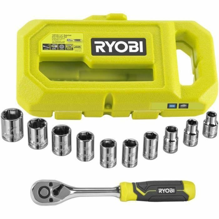 Ryobi RYO4892210225207 Llave de carraca de 90 dientes (4° recuperación), 8 vasos (8-15 mm) y adaptador 1/4" -> 3/8"