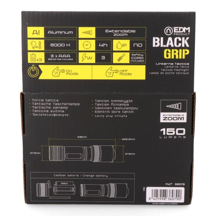 Edm Linterna Táctica LED Black Grip 150 lm, 3W, Zoom, Aluminio Negro, Pilas AAA Incluidas 6