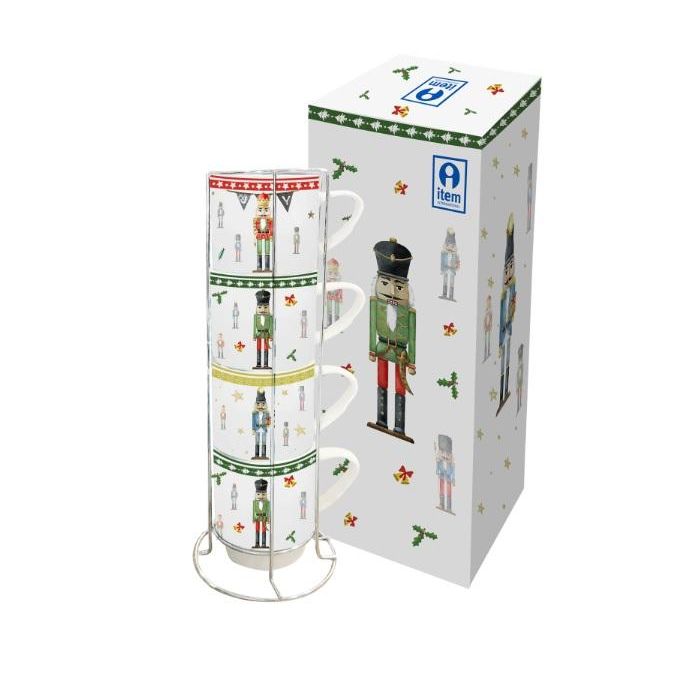 DKD Home Decor Mug Navidad Cascanueces Fantasía Set de 4 Porcelana Multicolor Blanco Aptas para Microondas y Lavavajillas