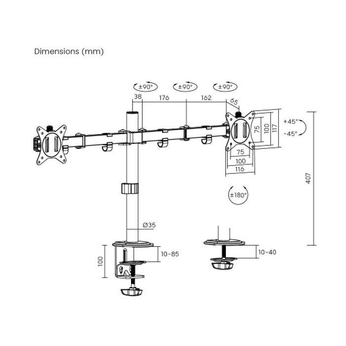 eSTUFF Soporte de escritorio doble para monitor ergonómico, inclinable, giratorio, con ajuste de altura, VESA, gestión de cables 5