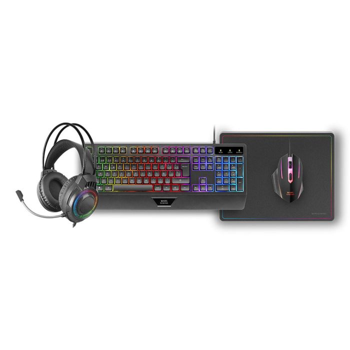 Mars Gaming Kit Gaming 4en1 MCP124PRO - Teclado RGB, Ratón 3200 DPI, Auriculares FRGB, Alfombrilla Nanotextil 8