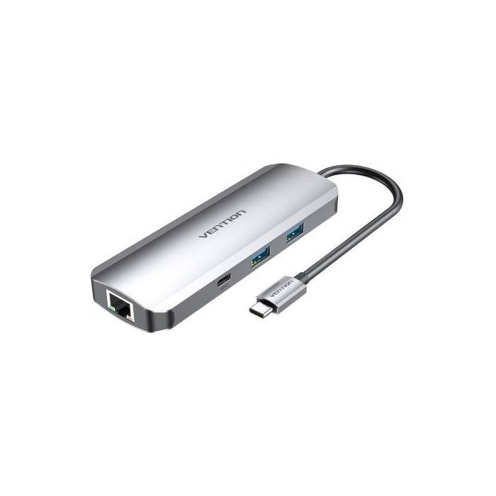 Vention TOMHB Hub USB Tipo-C con HDMI 4K, 2xUSB, 1xUSB-C PD, RJ45, Lector SD/MicroSD, Jack 3.5mm Gris Vention TOMHB Hub USB Tipo-C con HDMI 4K, 2xUSB, 1xUSB-C PD, RJ45, Lector SD/MicroSD, Jack 3.5mm Gris