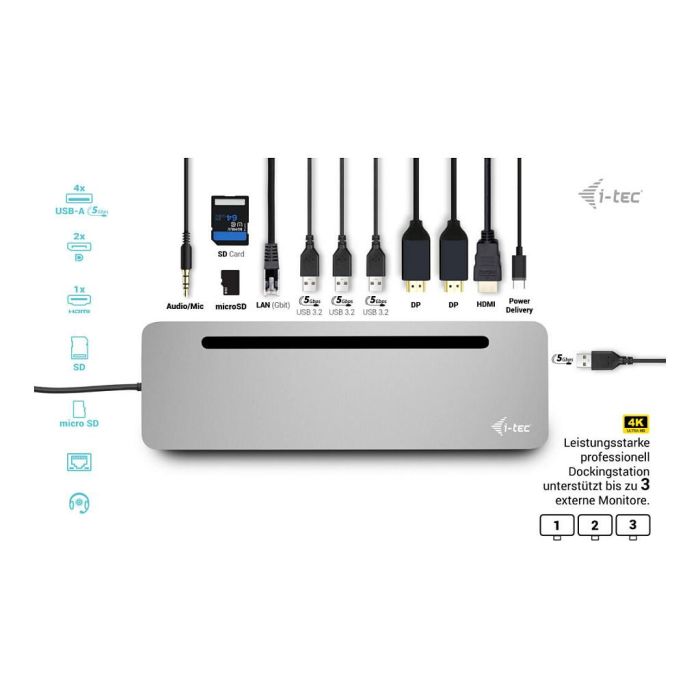 Hub USB-C i-Tec C31FLAT2PDPRO Plateado