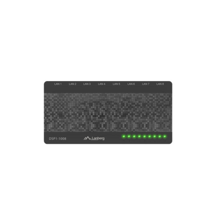 Lanberg DSP1-1008 Switch No Administrado, Gigabit Ethernet (10/100/1000), 8 Puertos RJ-45, 16 Gbit/s Capacidad, Negro y Gris
