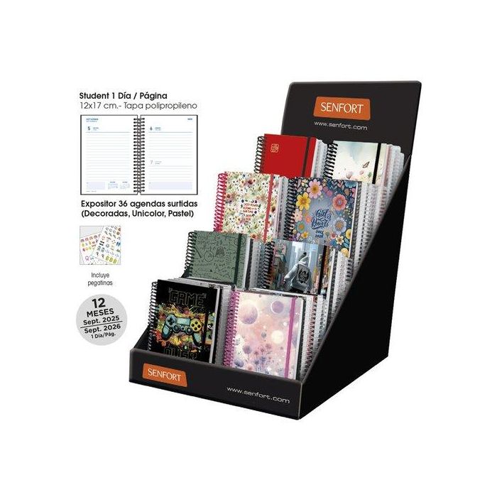 Agenda Escolar (2025-26) Senfort Student Decorada+Lisa Espiral Tapa Pp Con Goma 120X170 D/P Surtido Expositor De 36