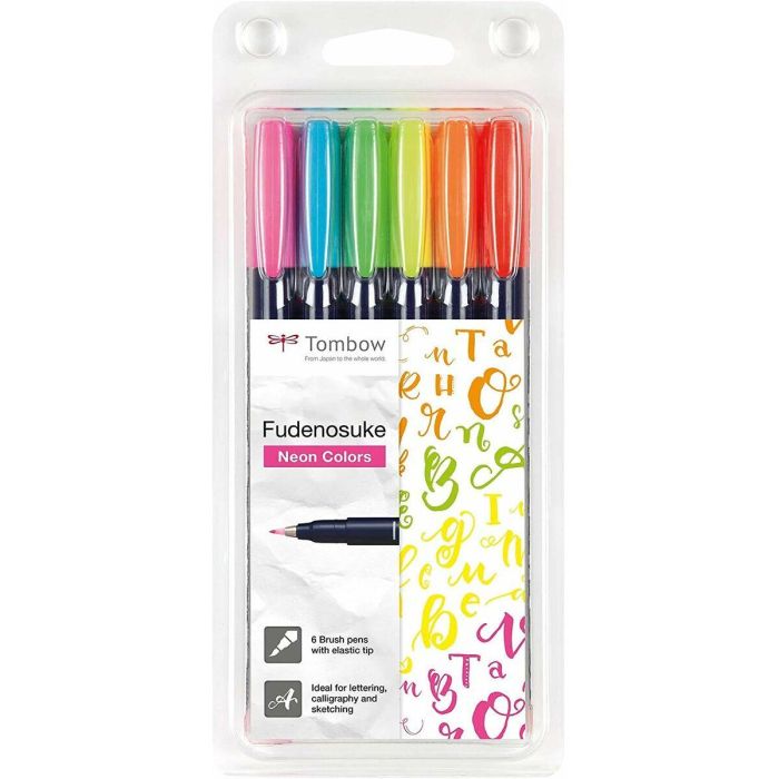 Rotulador Tombow Caligrafia Fudenosuke Punta Dura Estuche De 6 (Colores Neon: Rosa, Amarillo, Verde, Naranja, Rojo Y Azul)