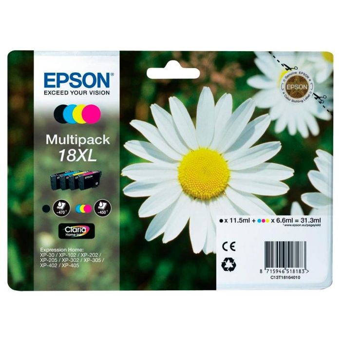 Ink-Jet Epson Multipack 18XL Negro Amarillo Cian Y Magenta Xp-102 Xp-205 Xp-305 Xp-405 Capacidad 470 Pag 1