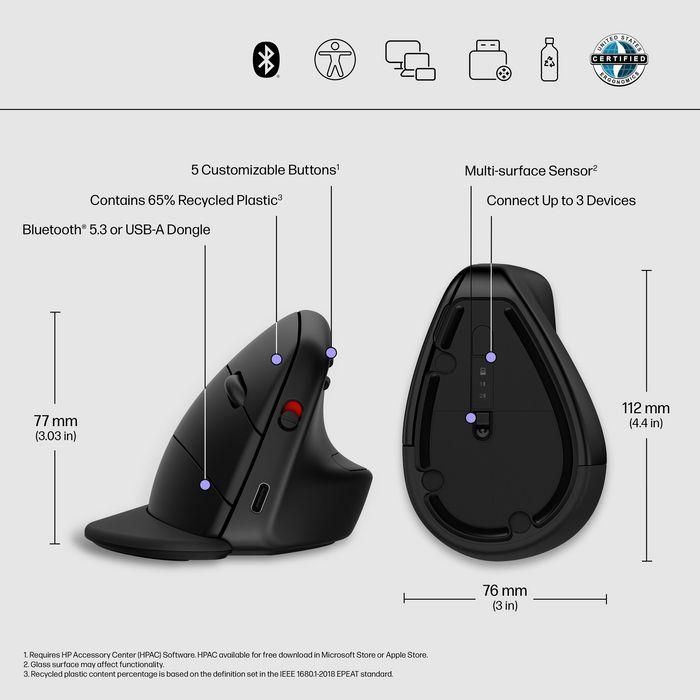 HP 925 Ratón Vertical Ergonómico con Reposamuñecas Desmontable, Diseño para Posición Natural de Mano, Mayor Comodidad y Productividad 2