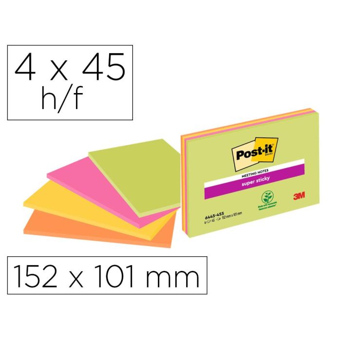 Bloc De Notas Adhesivas Quita Y Pon Post-It Super Sticky 152x101 mm Con 45 Hojas Pack De 4 Unidades Colores Neon