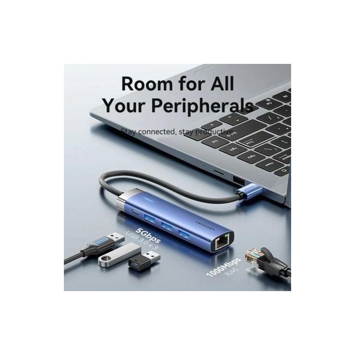 Vention TGFSB Hub USB 3.0 5Gbps con 3x USB, 1x RJ45 Gigabit Ethernet y 1x USB Tipo-C PD 2