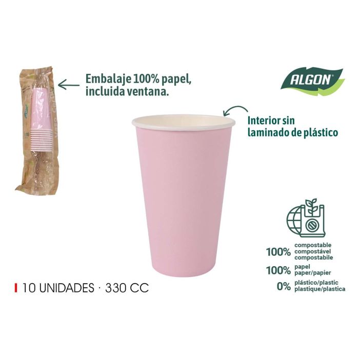 Set de 10 vasos de cartón rosa baby 330 cc Algon (20 Unidades) Set de 10 vasos de cartón rosa baby 330 cc Algon (20 Unidades)