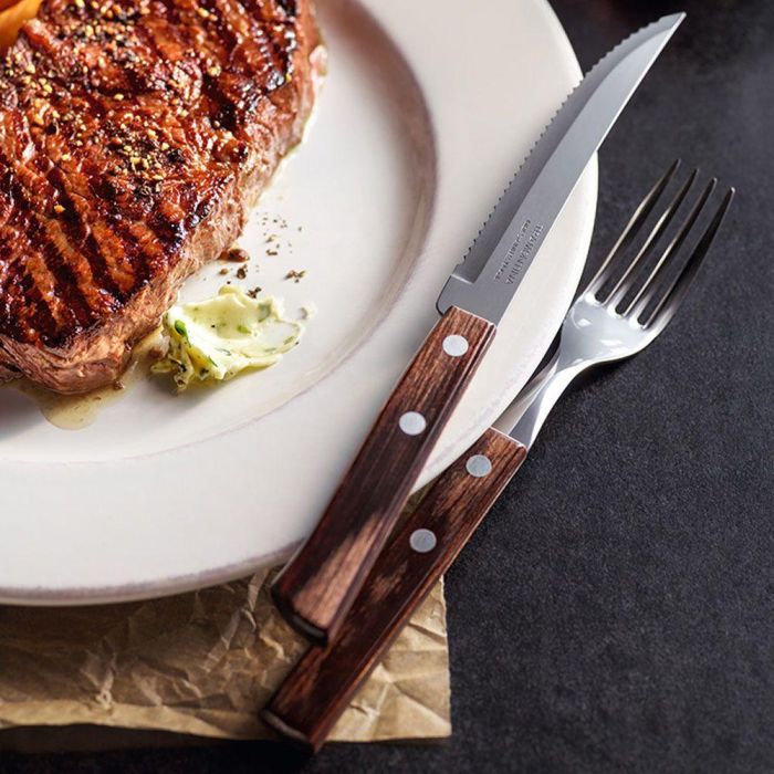 Tramontina Tenedor de Mesa Polywood Castaño Acero Inoxidable Mango Tratado Caja Expositora 60 Unidades 2