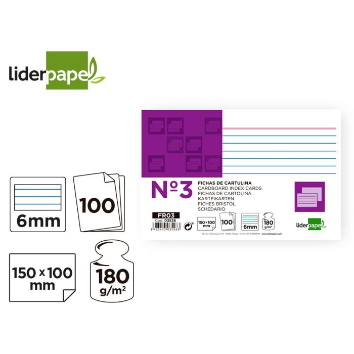 Ficha Liderpapel Rayada Nº3 100x150 mm 180 gr-M2 Paquete De 100 Unidades 2