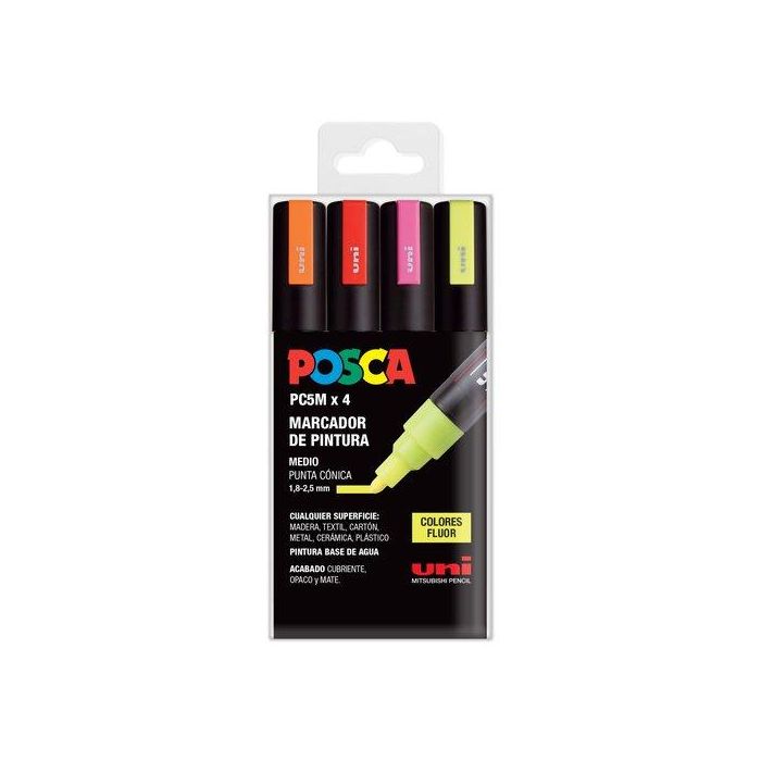 POSCA Pc-5M-4C Marcador No Permanente 1.8 mm-2.5 mm, Tinta Base Agua, Colores Surtidos Fluor, Estuche 4U