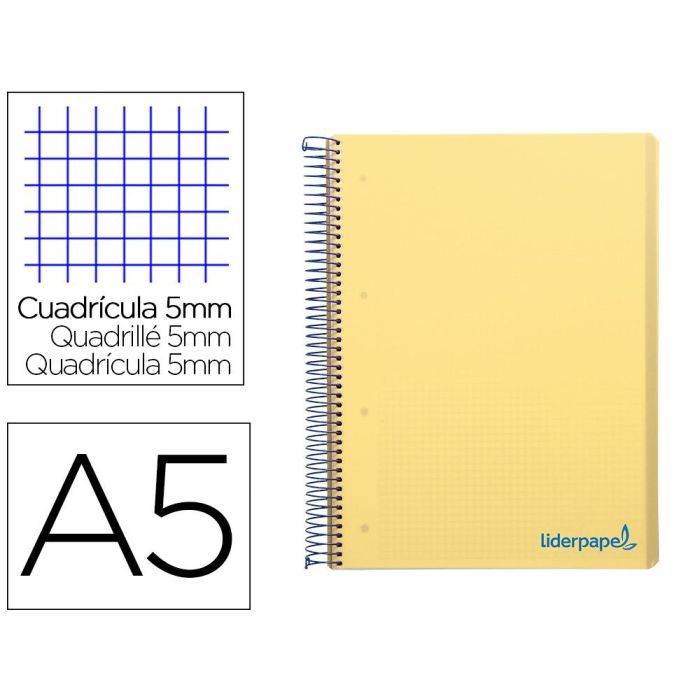 Cuaderno Espiral Liderpapel A5 Micro Wonder Tapa Plastico 120H 90 gr Cuadro 5 mm 5 Bandas 6 Taladros Color Amarillo