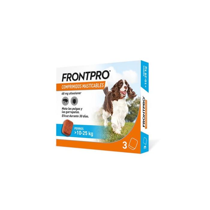 Frontpro 68 mg 3 Comprimidos Masticables para Perros 10-25 kg - Tratamiento contra Pulgas y Garrapatas Frontpro 68 mg 3 Comprimidos Masticables para Perros 10-25 kg - Tratamiento contra Pulgas y Garrapatas